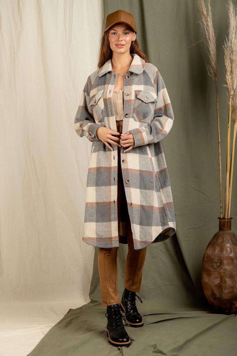 Checkered Lapel Pocket Long Coat