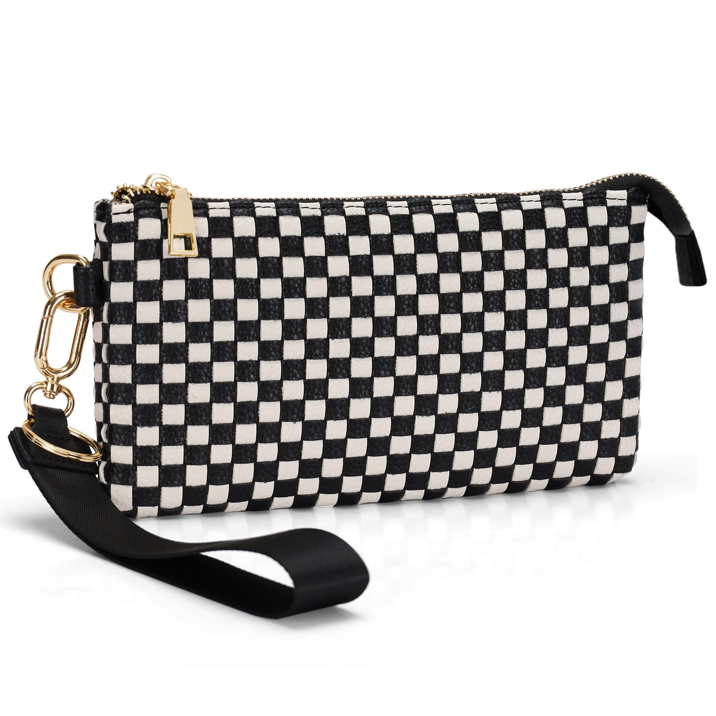 Checkered Woven Clutch Wristlet PU Leather Large Size Patterned Wallet