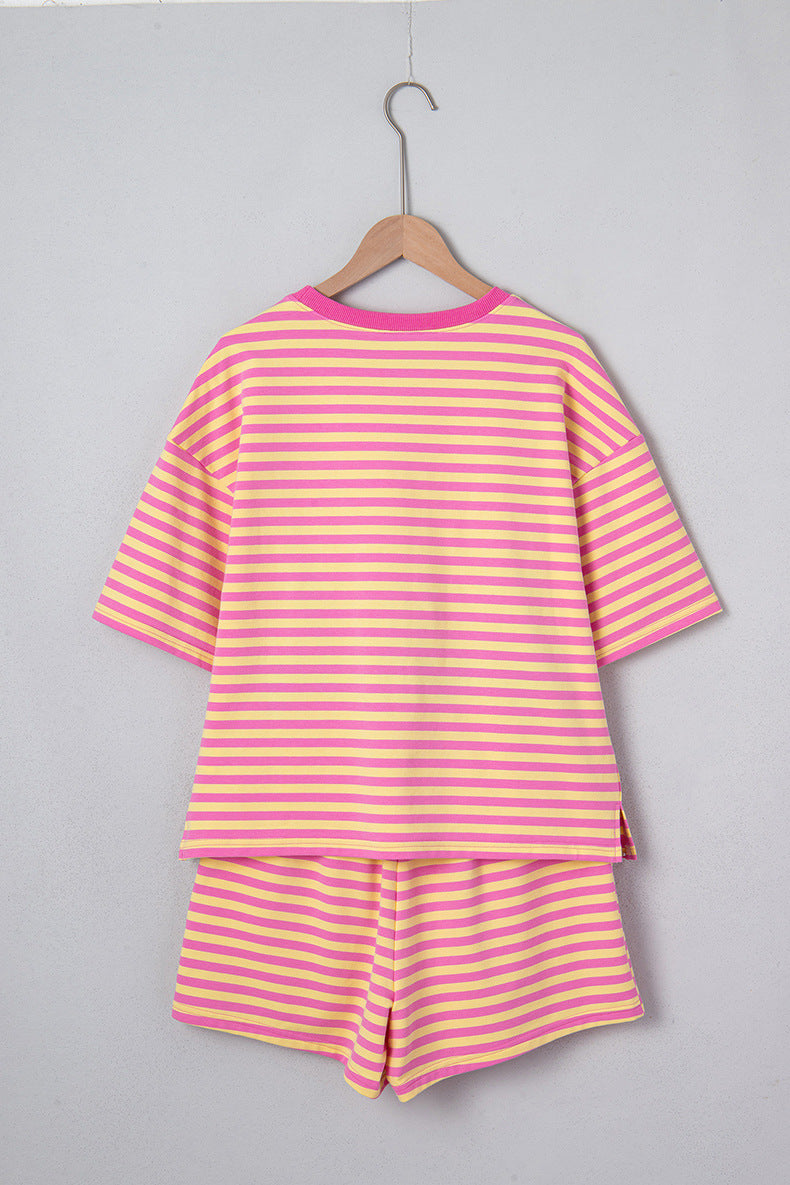 Stripe Drop Shoulder Boxy Casual Terry Short Set