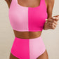 Pink Corded Colorblock Square Neck Bikini Swimsuit