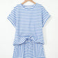 Stripe Knitted Short Sleeve Top and Drawstring Shorts Set