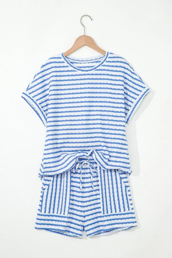 Stripe Knitted Short Sleeve Top and Drawstring Shorts Set