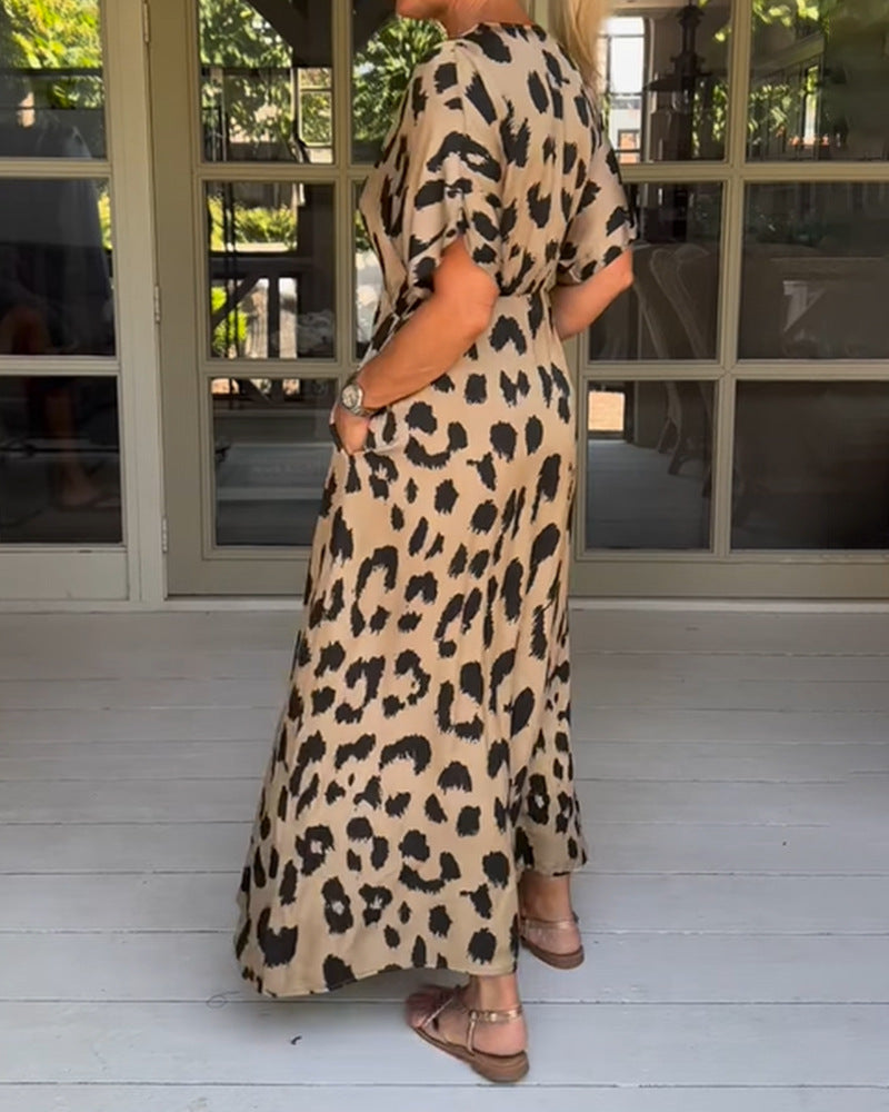 Leopard Print V-neck High-waisted Maxi Dress