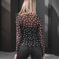Black Polka Dot Patterned Bodycon Mock Neck Mesh Long Sleeve Top