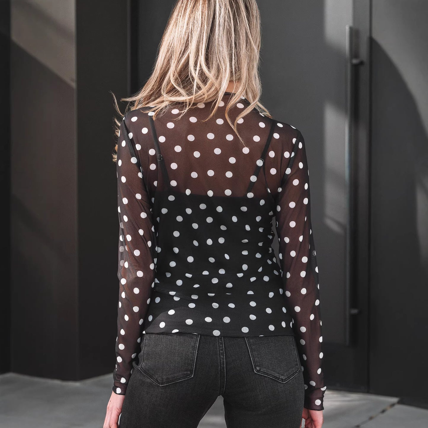 Black Polka Dot Patterned Bodycon Mock Neck Mesh Long Sleeve Top