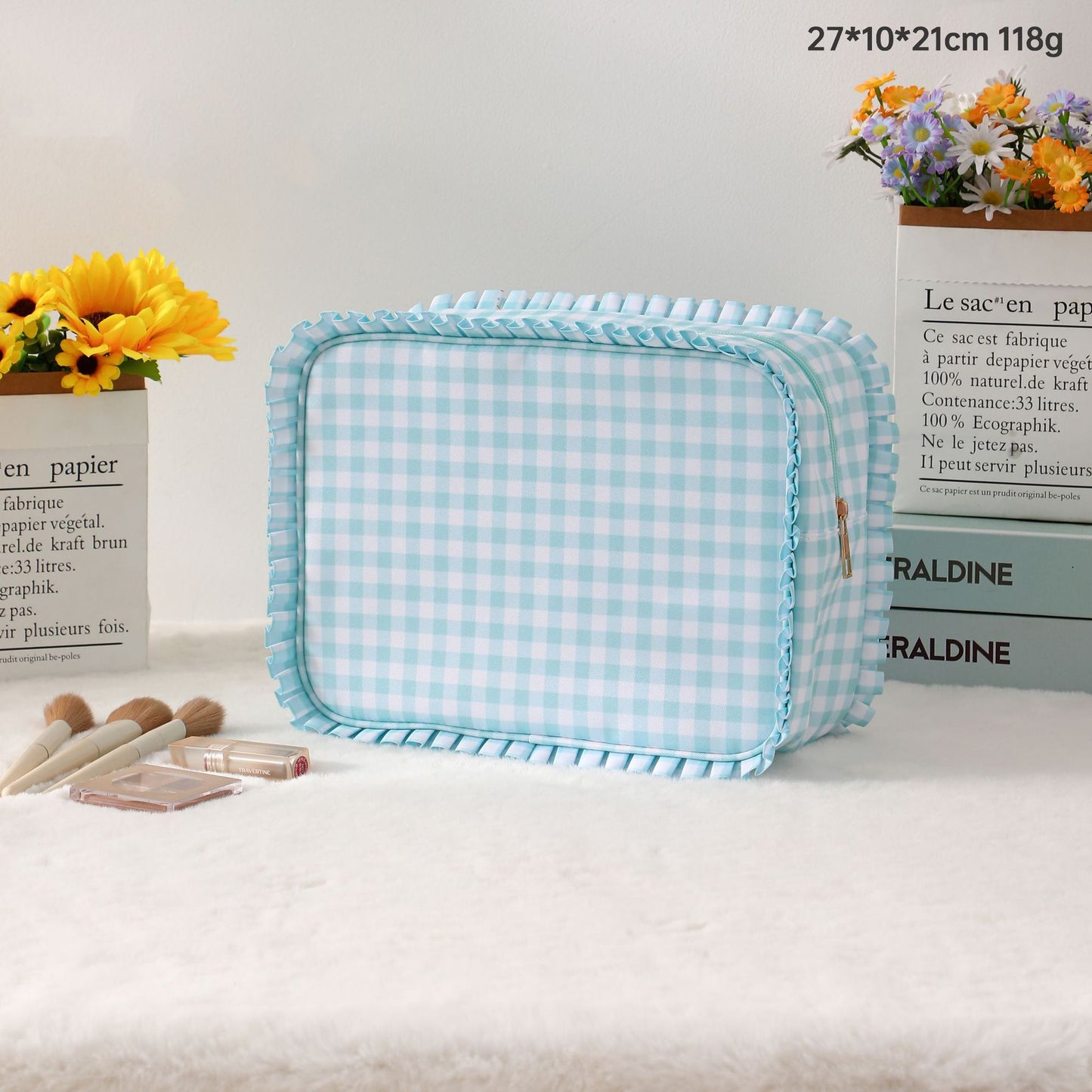 Ruffle Checker Cosmetic Bag