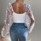 Floral Embroidery Off Shoulder Lantern Sleeve Curved Hem Top