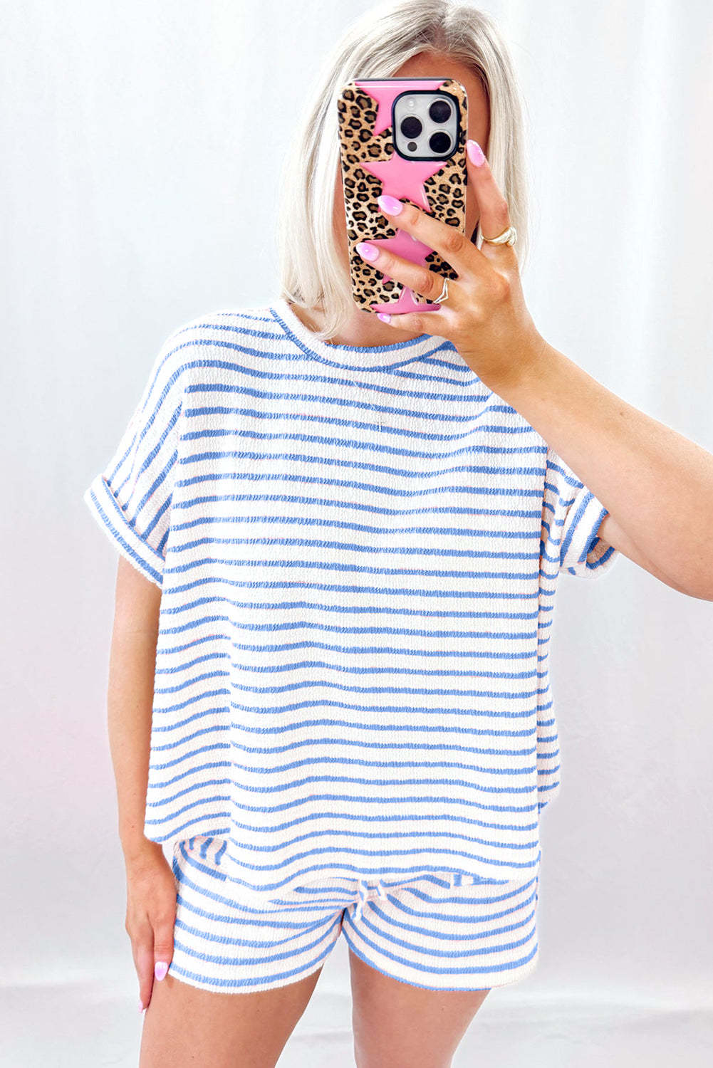 Stripe Knitted Short Sleeve Top and Drawstring Shorts Set