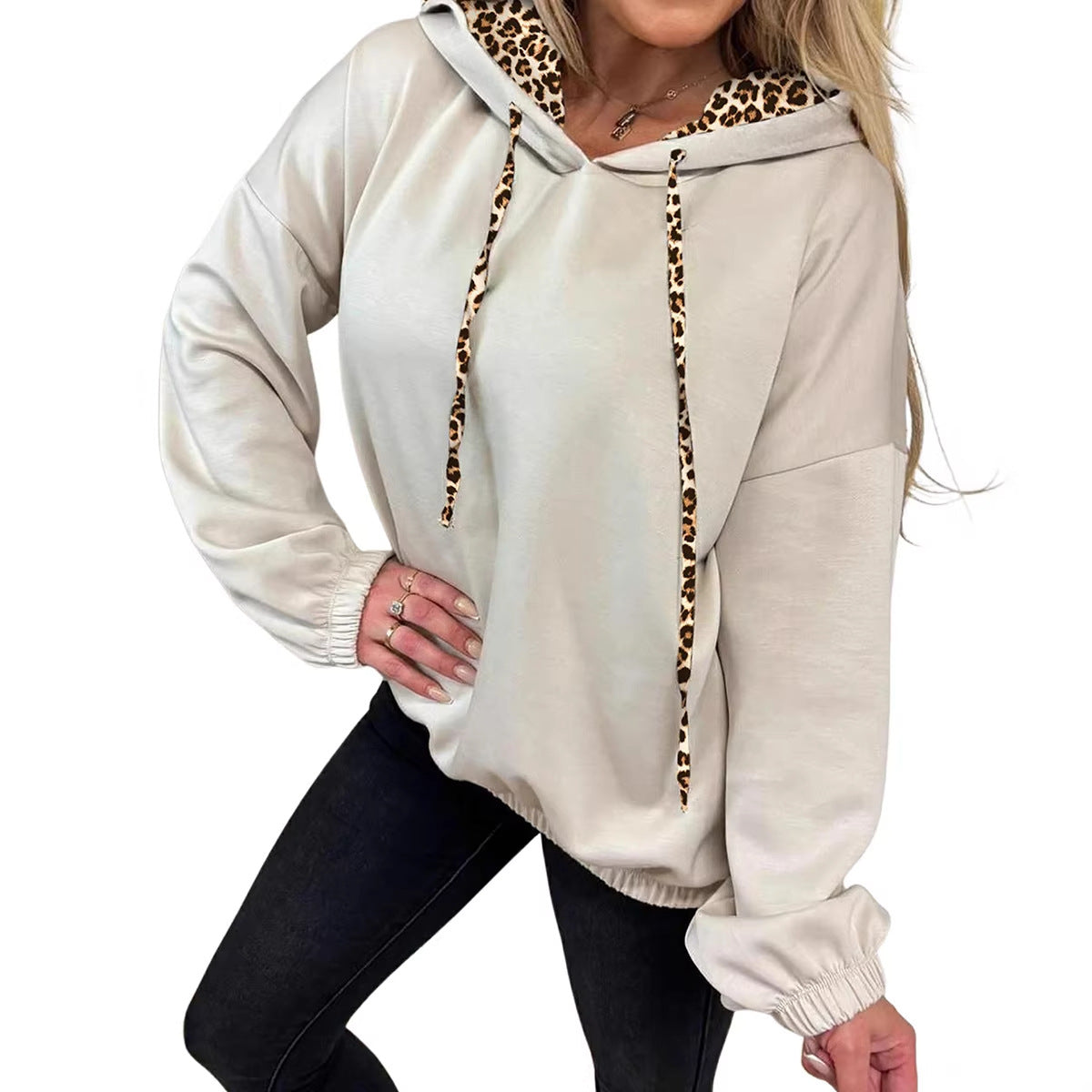 Elastic Cuffs Leopard Contrast Drawstring Hoodie