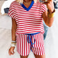 Stripe Colorblock Trim V Neck Tee Drawstring Elastic Waist Short Set