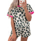 Brown Unique Leopard Print Contrast Trim Top Loose 2pcs Short Set
