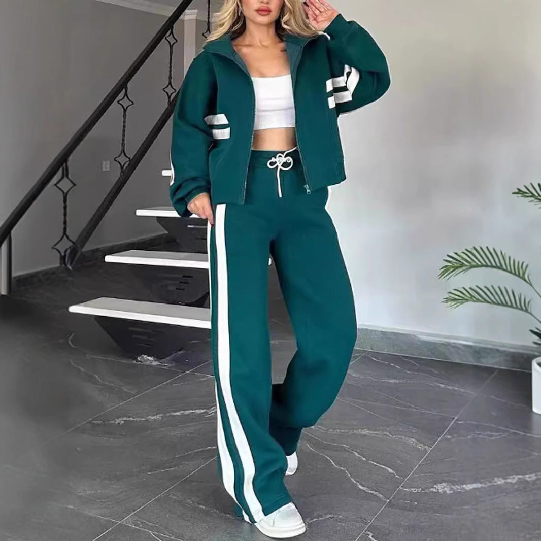 Striped Zipper Top Jacket Casual Sports Suit Women
