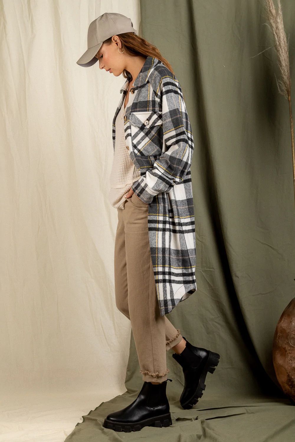 Checkered Lapel Pocket Long Coat