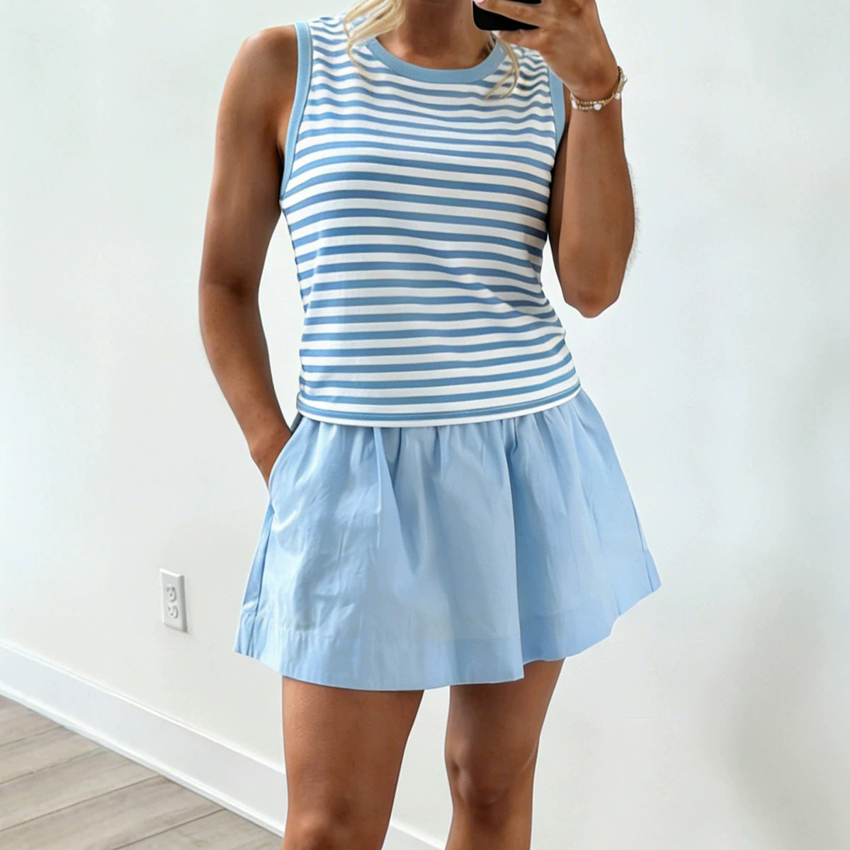 Sky Blue Stripe Slim Tank Contrast Ruffle Mini Skort Set