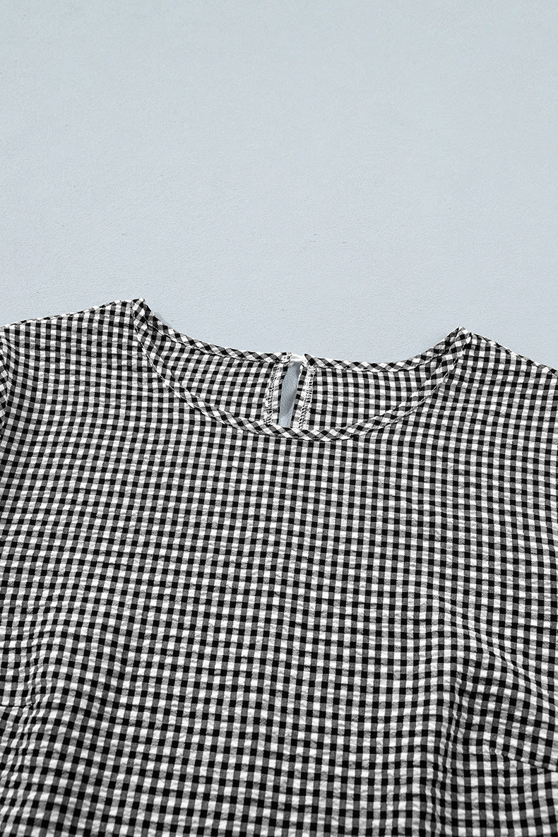 Black Plaid Bow Ruffled Half Sleeve Round Neck Blouse