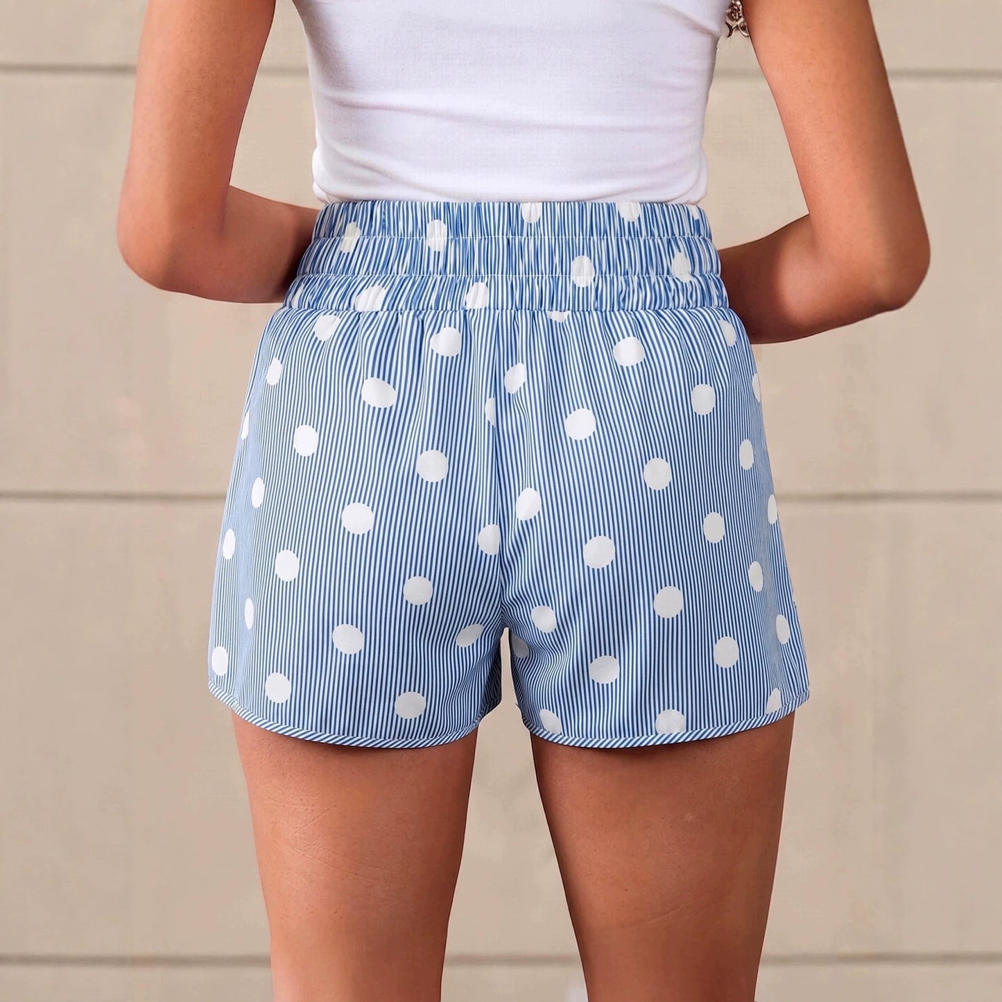 Polka Dot Print Shirred High Waist Casual Shorts