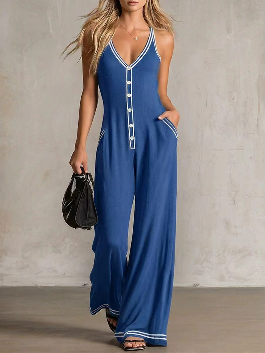Women's V-Neck Backless Wide-Leg Jumpsuit