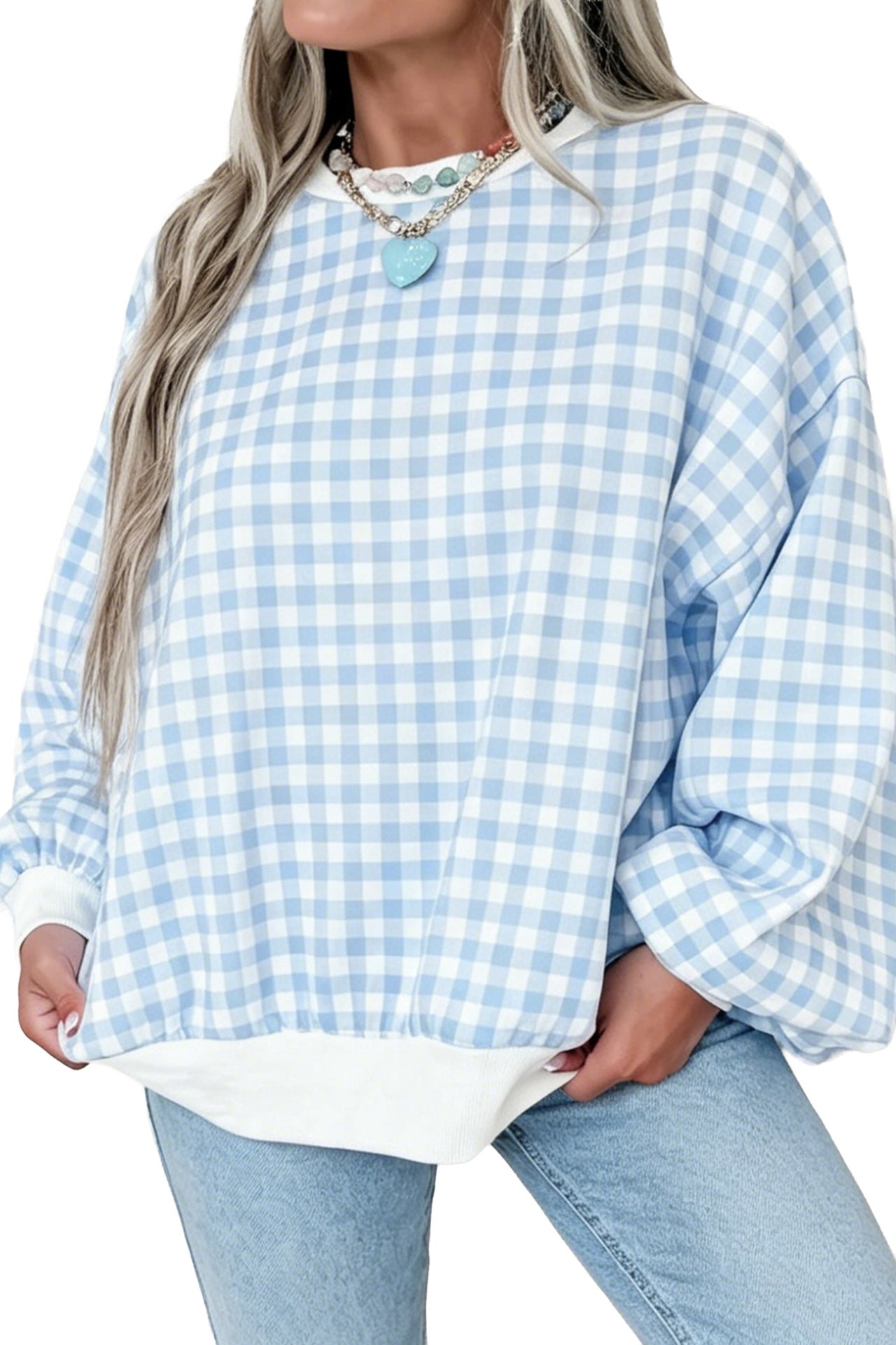 Light Blue Plaid Round Neck Long Sleeve Sweatshirt