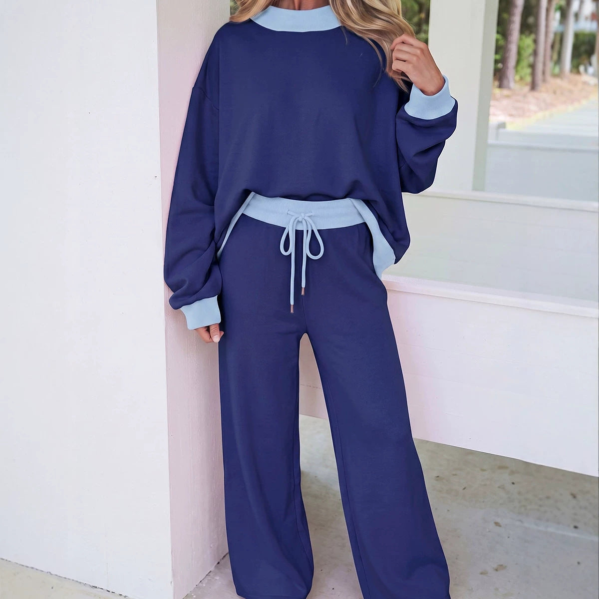 Block Trim Long Sleeve Pullover Drawstring Shift Pants Set