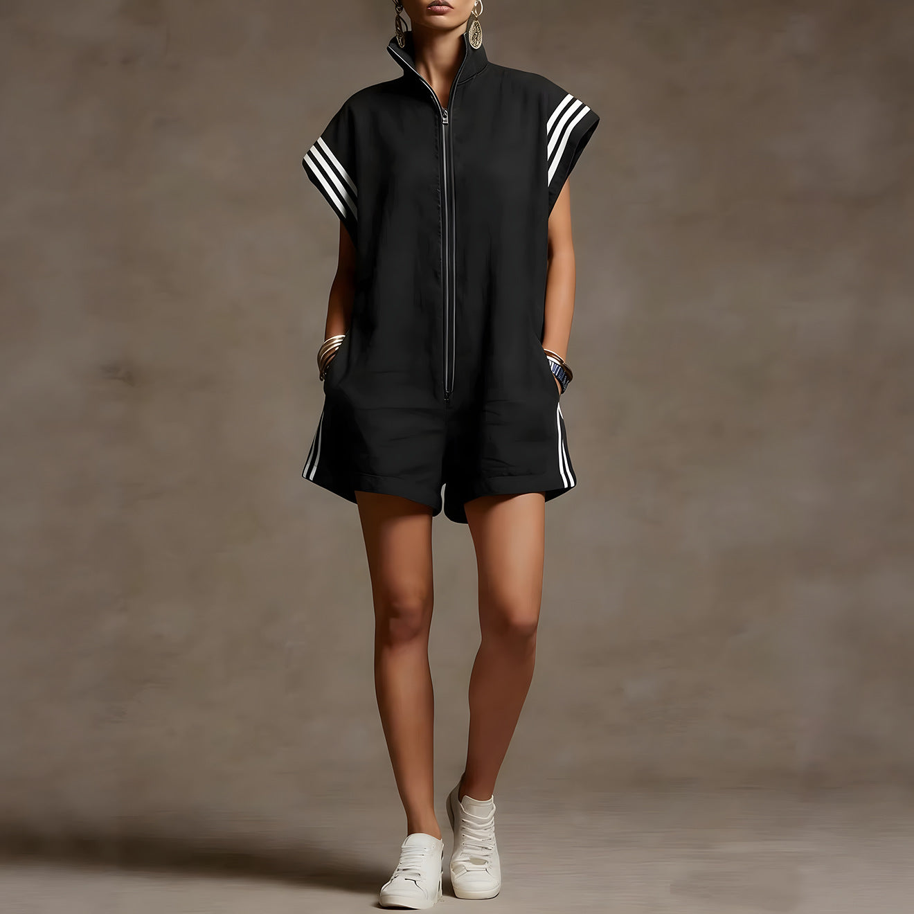 Loose Sleeveless Drawstring Pockets Split-Joint Striped Zipper Stand Collar Rompers