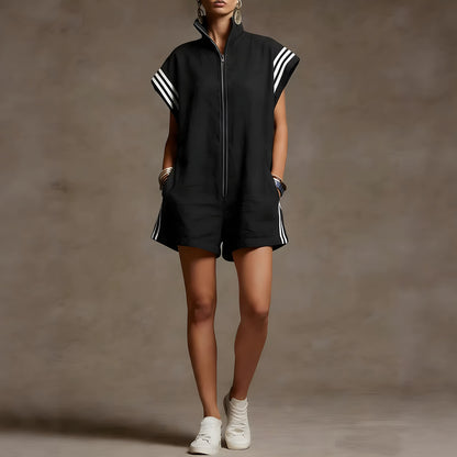 Loose Sleeveless Drawstring Pockets Split-Joint Striped Zipper Stand Collar Rompers