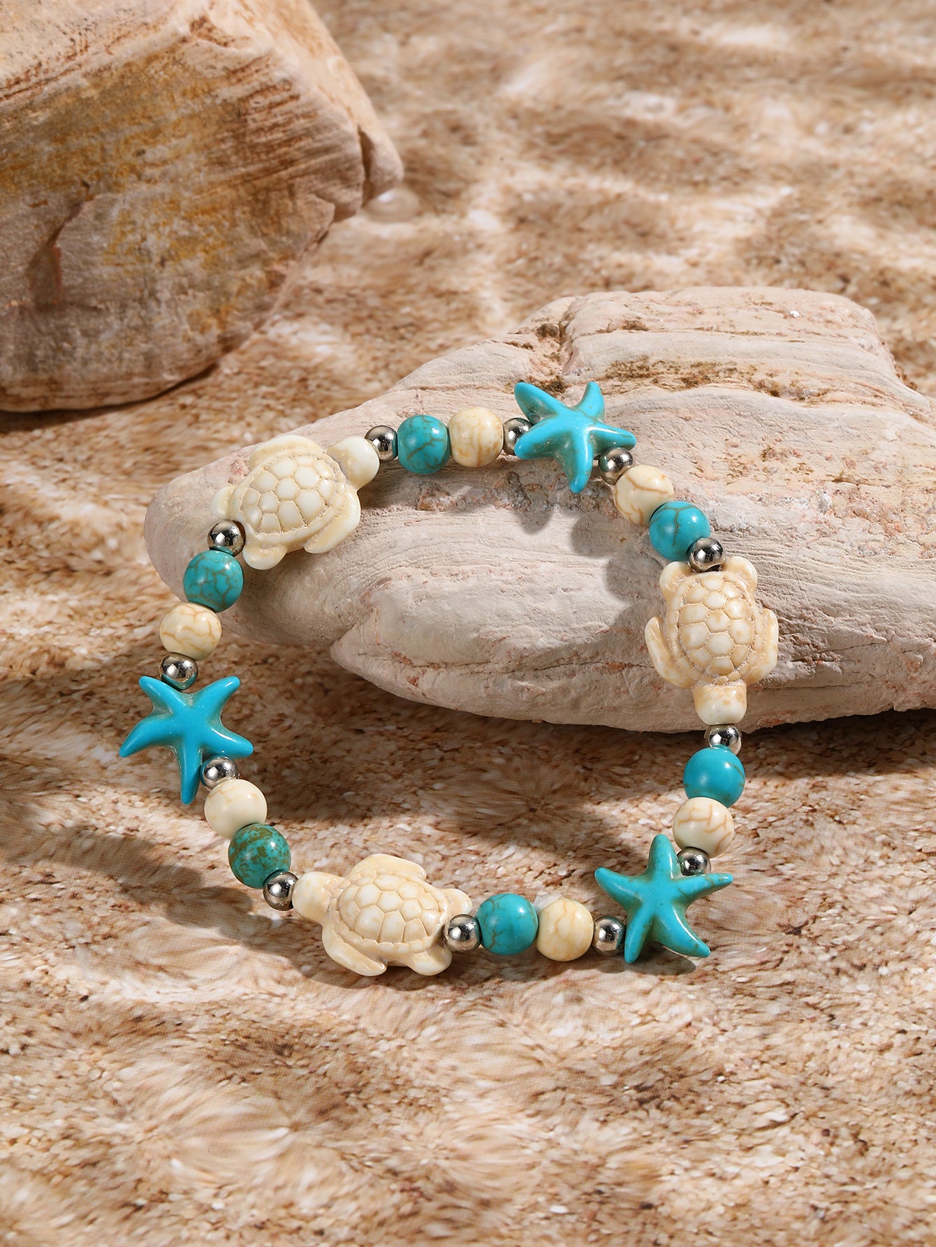 Marine Style Starfish Shell Turquoise Shell Beaded Chain Stretch Bracelets