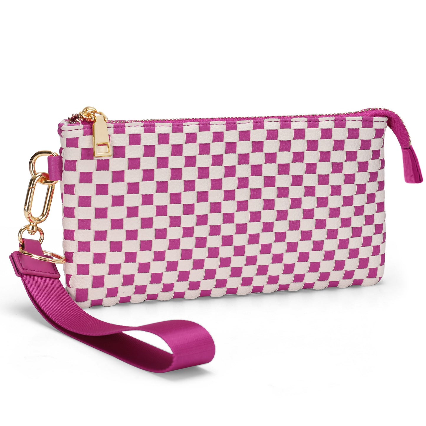 Checkered Woven Clutch Wristlet PU Leather Large Size Patterned Wallet