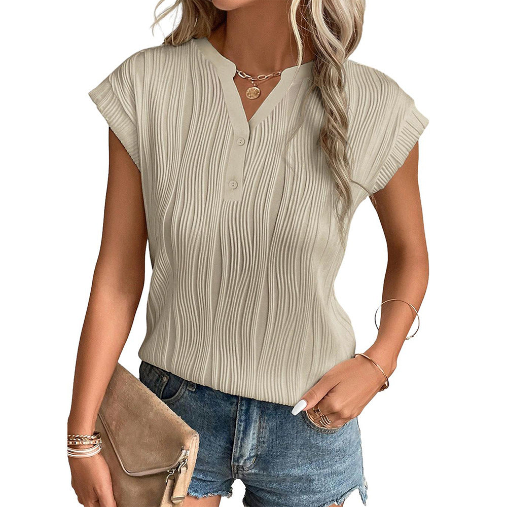 Wavy Textured Button V Neck Tee