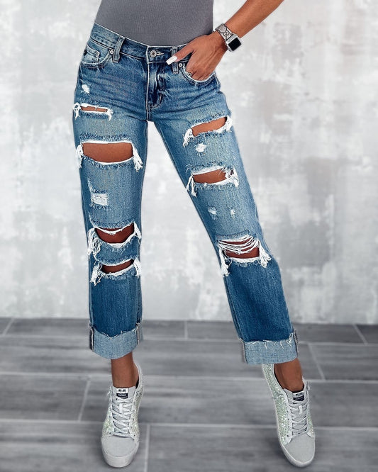 High Waist Ripped Straight Leg Jeans