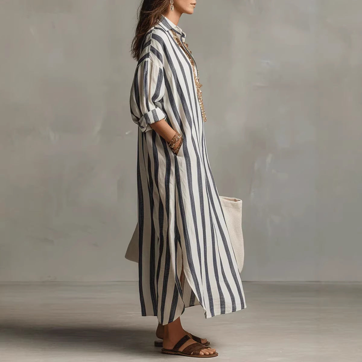 Stylish Long Striped Cardigan-Style Dress for Women