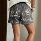Western Print Elastic Waist Cotton Denim Shorts
