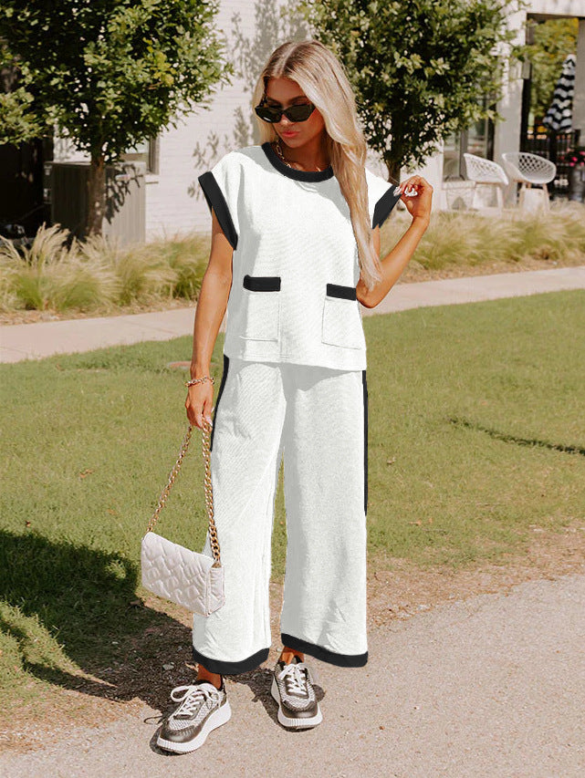 Color Block Pocketed T Shirt and Wide Leg Pants Set