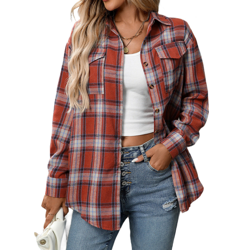 Loose Plaid Pocket Shirt for Women