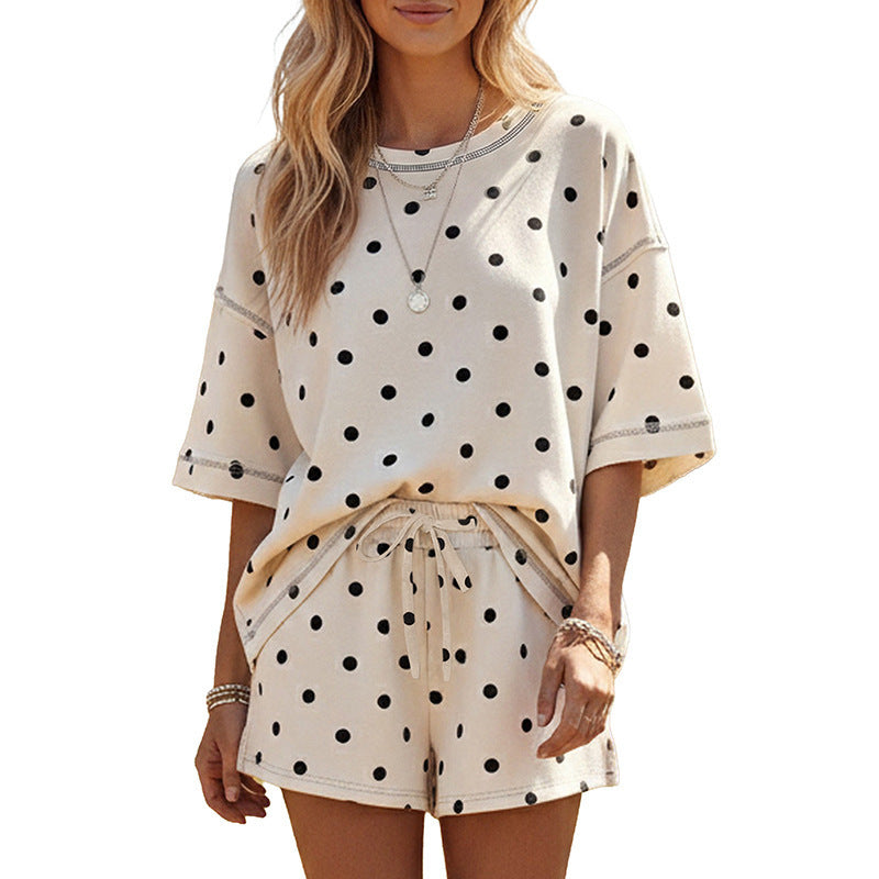 Polka Dot Short Sleeve Loose Top Drawstring Shorts Set