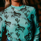 Aruba Blue Western Print High Neck Long Sleeve Sheath Mesh Top