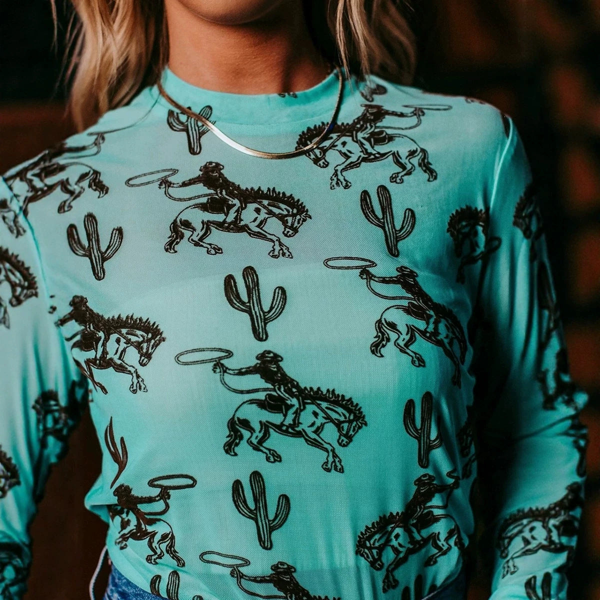 Aruba Blue Western Print High Neck Long Sleeve Sheath Mesh Top