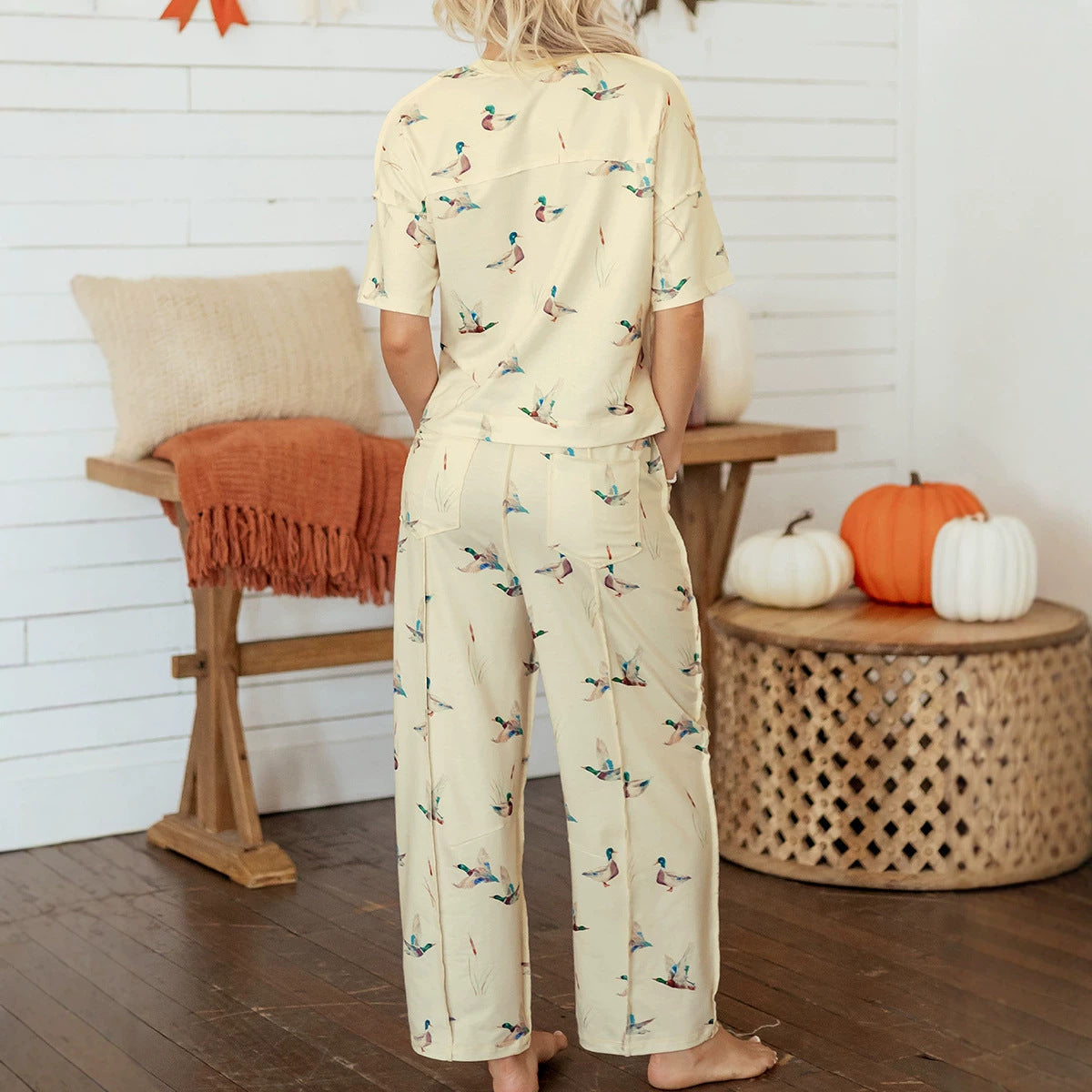 Beige Duck Print Short Sleeve Top Pocket Pants 2pcs Casual Set