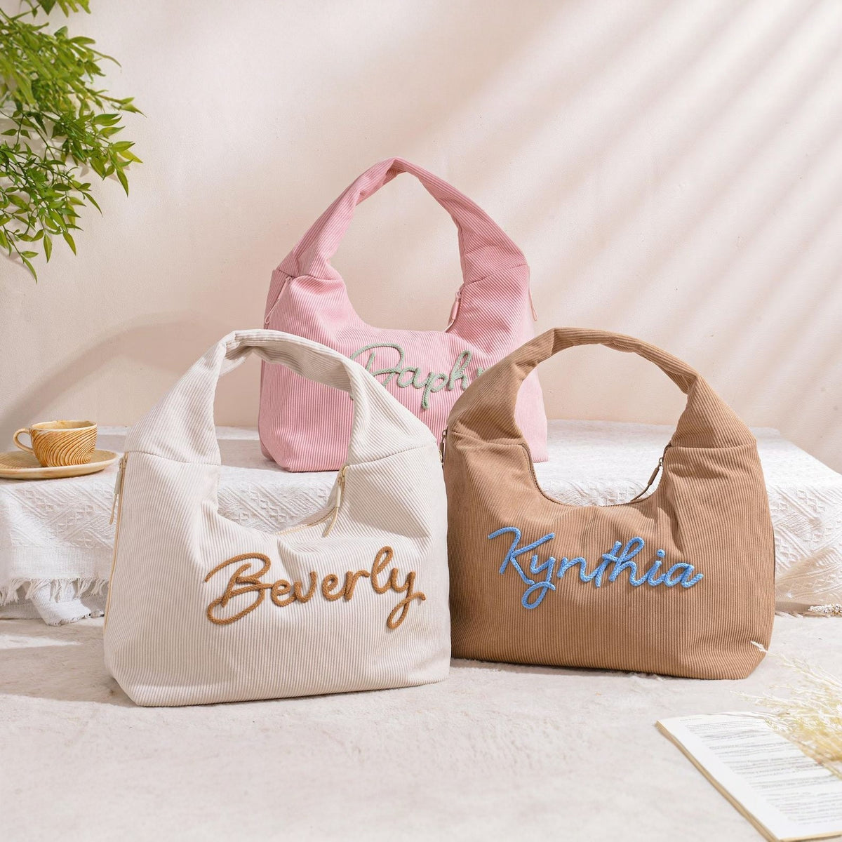 Personalized Corduroy Hobo Shoulder Bag Custom Name Embroidery Tote