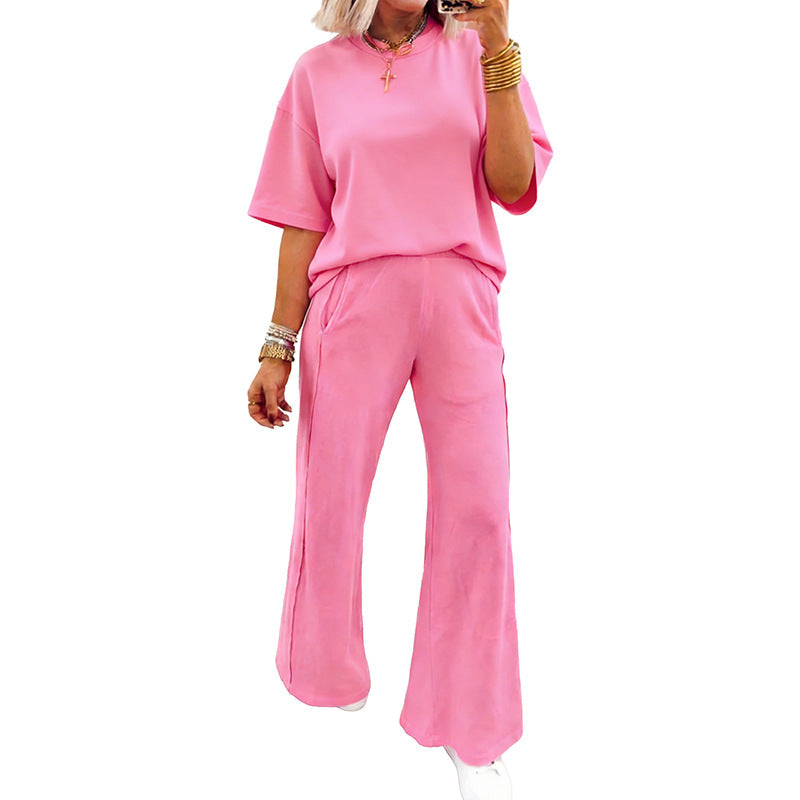 Solid Cover Oversize Tee Pocketed Casual Pants 2pcs Outfit
