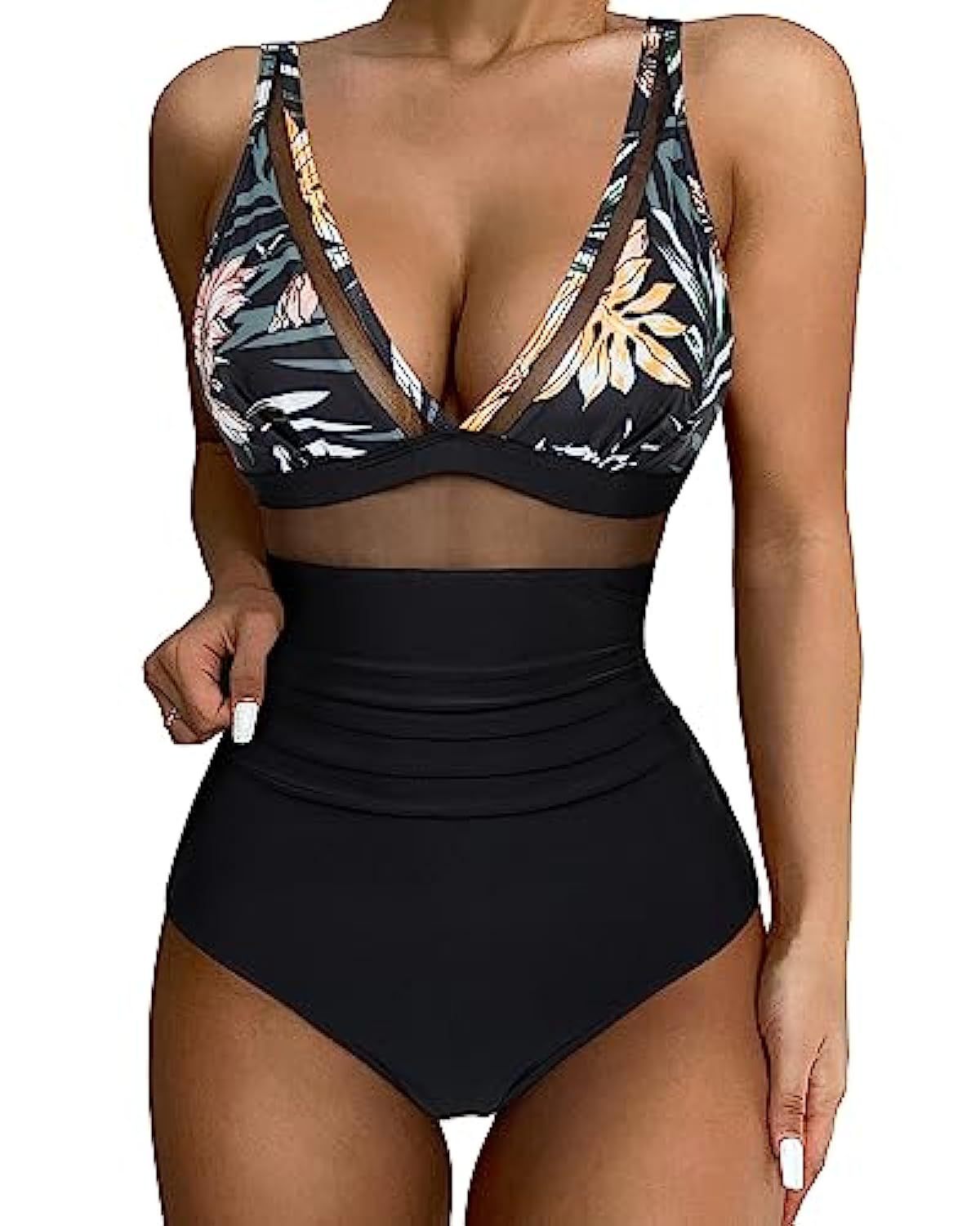 Leopard Mesh Insert V Neck High Waist Monokini