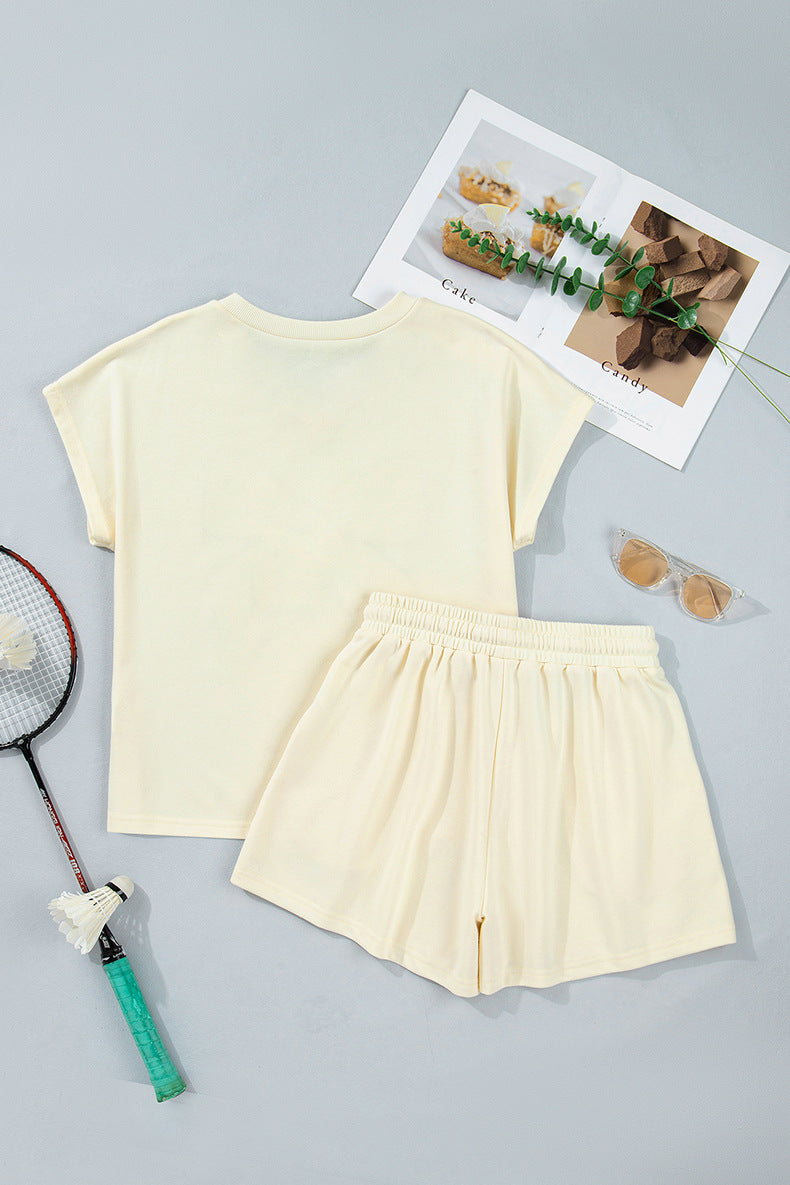 Contrast Leopard Bow Patched V Neck Loose Tee Drawstring Shorts 2pcs Outfit