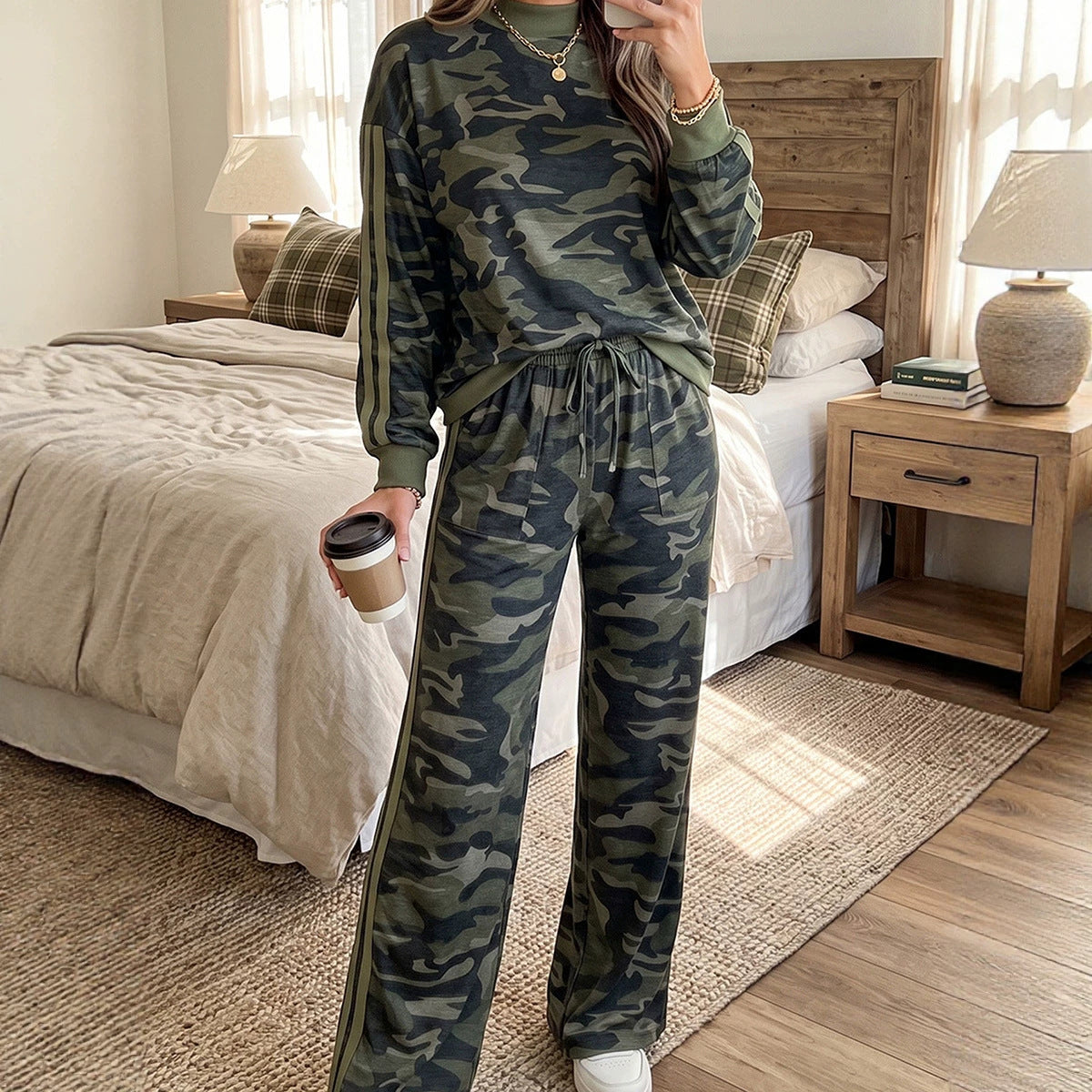 Multicolour Camouflage Patchwork Striped Detail Long Sleeve Top Casual Pants Set