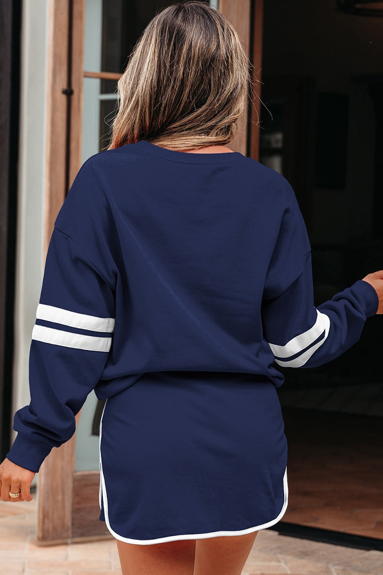 Varsity Stripe Detail Drop Shoulder Pullover Mini Skort Set