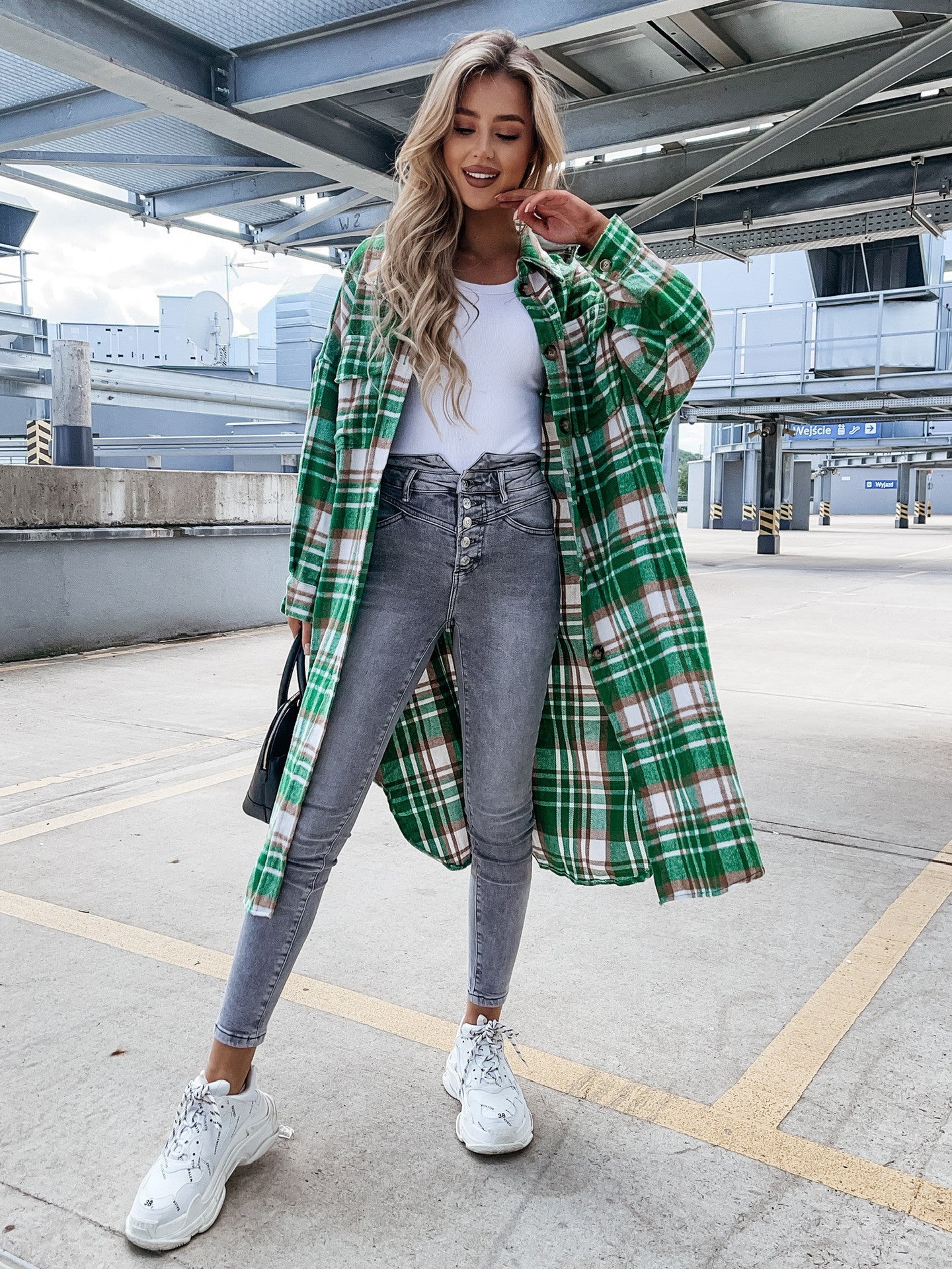 Mid Length Grid Shirt Coat