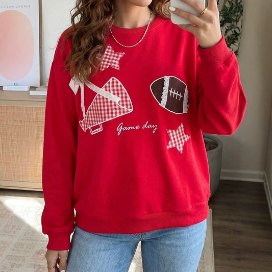 Racing Red Gingham Patch Embroidered Rugby Game Day Stars Sweatshirt