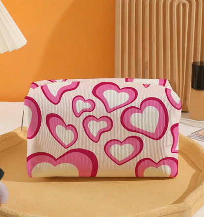 Pink Heart Printed Canvas Cosmetic Bag