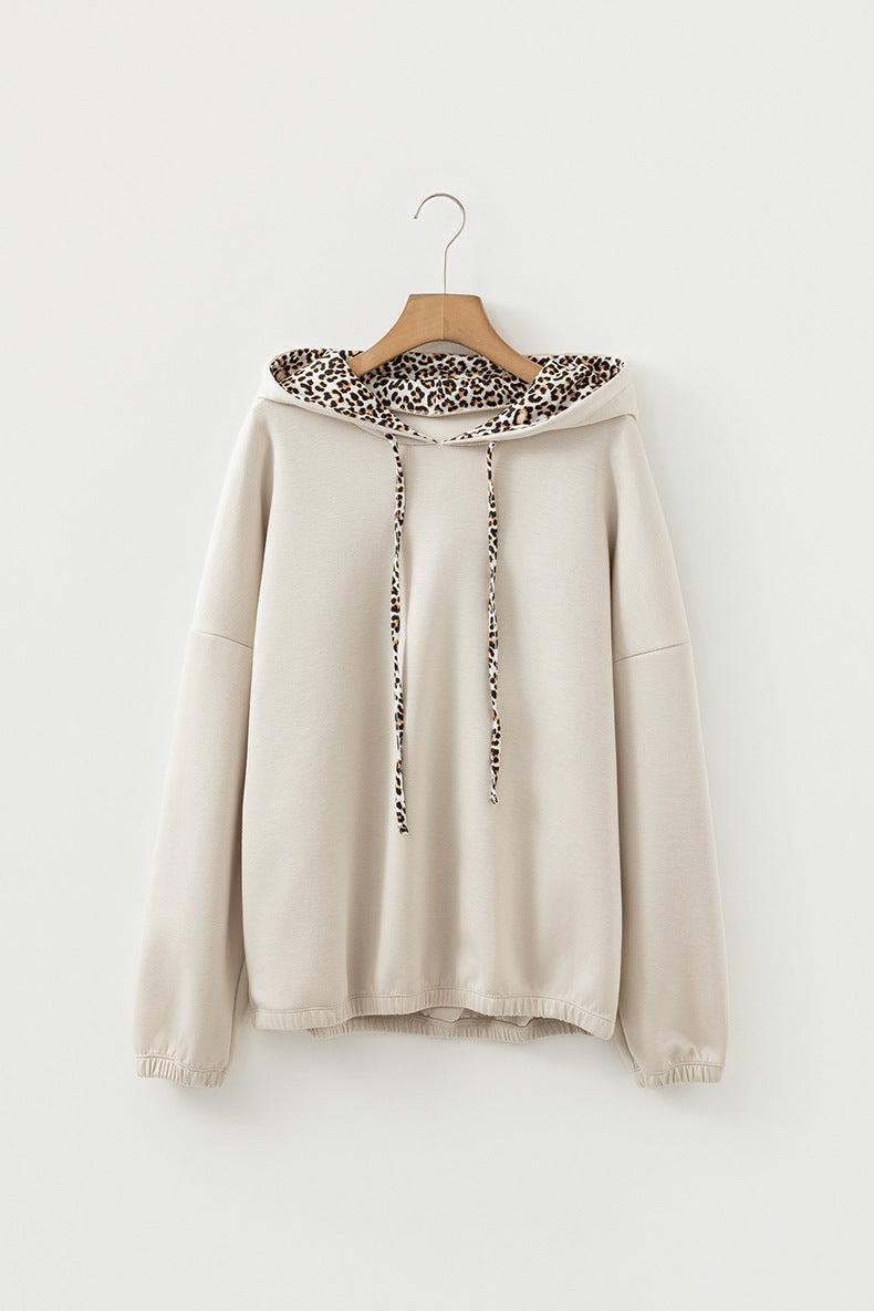Elastic Cuffs Leopard Contrast Drawstring Hoodie