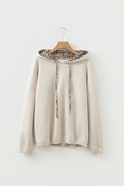 Elastic Cuffs Leopard Contrast Drawstring Hoodie