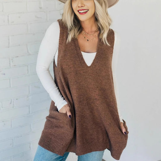 Autumn and winter solid color V-neck knitted vest sleeveless sweater