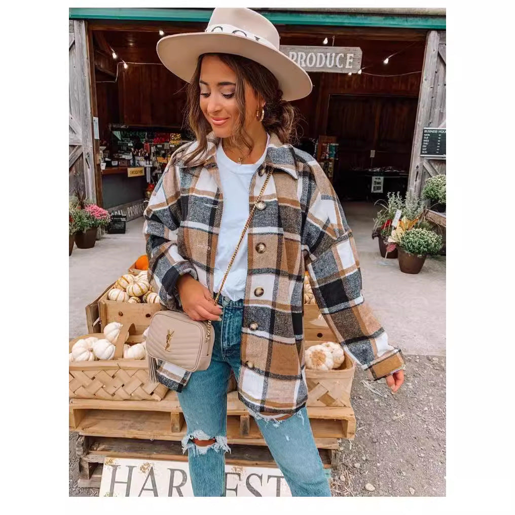 Long-sleeved Lapel Loose-fitting Women's Plaid Shirt